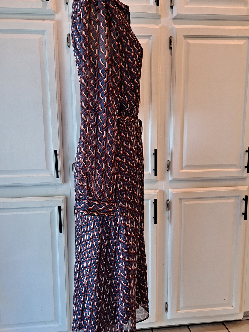 DR2 Navy Black White Orange Geometric Printed Midi Shirt Dress Tie Waist Lined - Picture 10 of 12